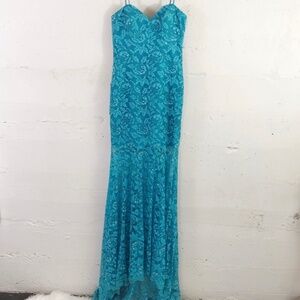 Flirt by Maggie Sotero Blue beaded Lace Prom Dress